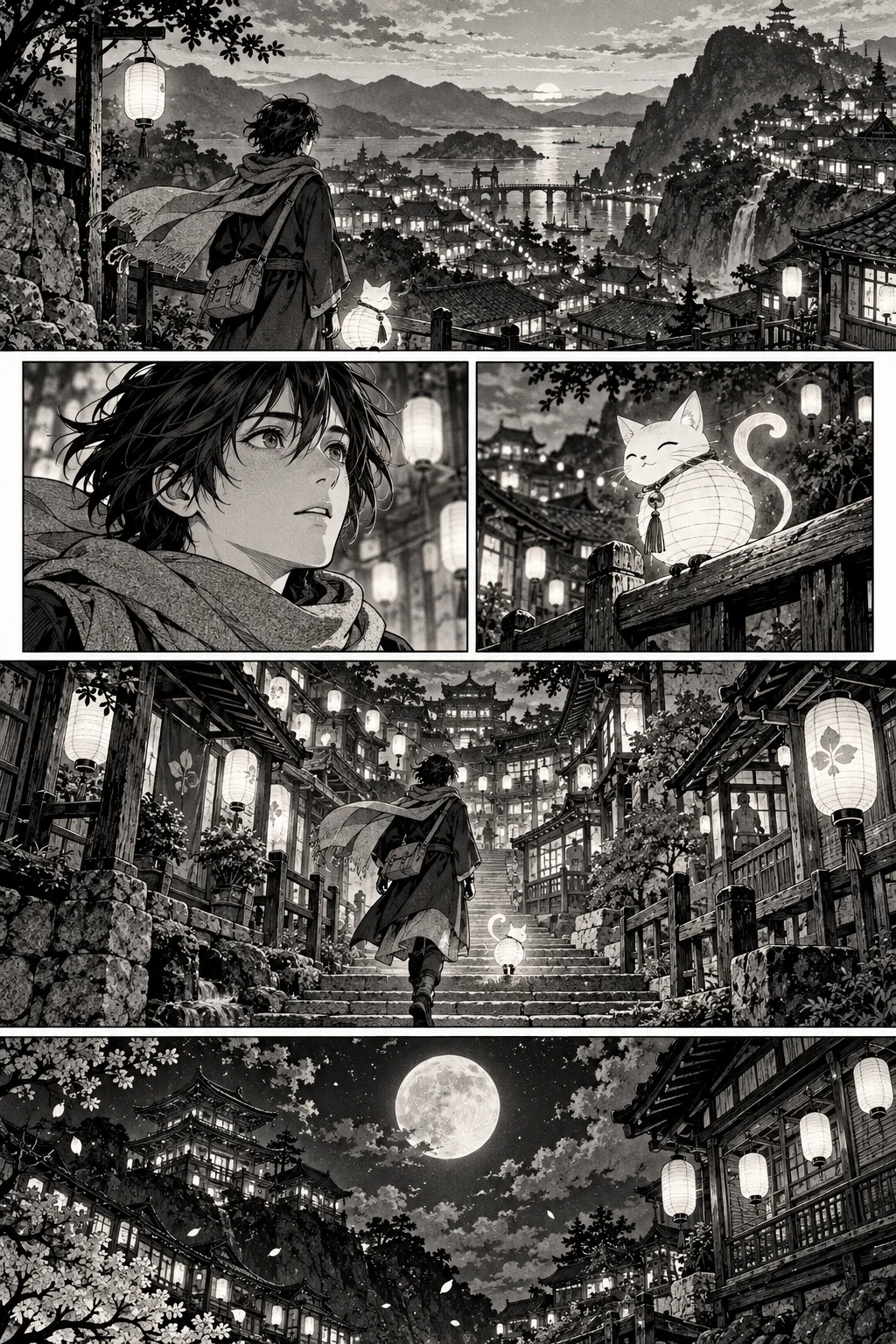 Original manga preview with a traveler and a lantern cat exploring a hillside town