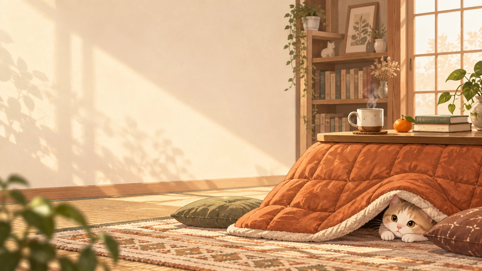 A sunlit reading corner with coffee and a cat curled beneath a terracotta kotatsu