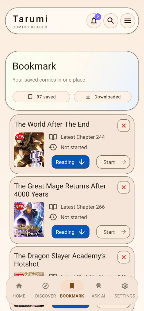 Tarumi bookmark library with saved stories
