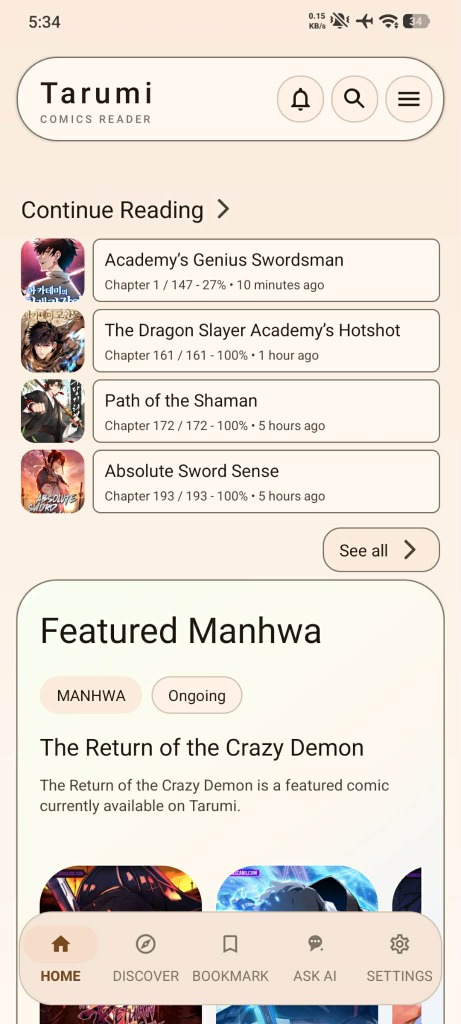 Tarumi App Main Screen Mockup